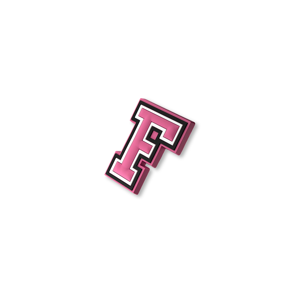 pink and white letter f crate charm shown at angle