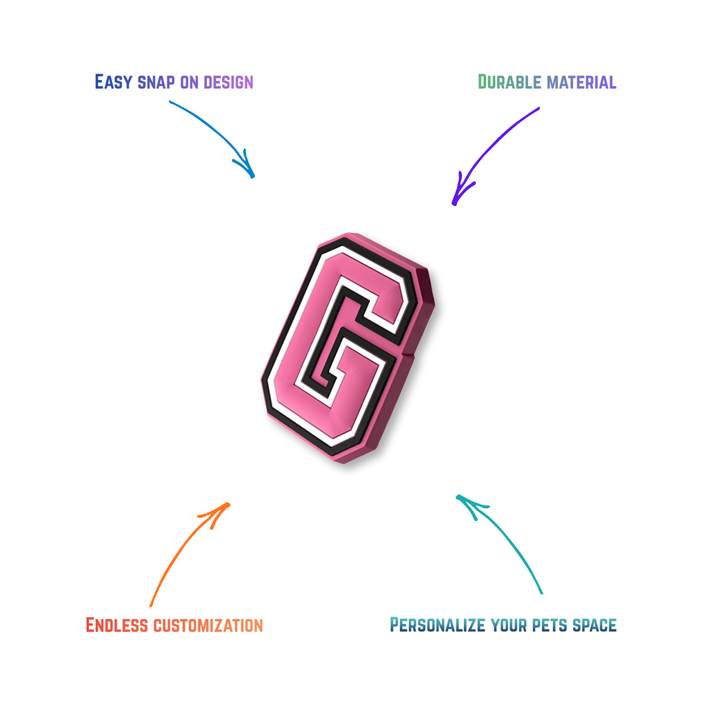 pink and white letter g snap-on charm features: easy attachment and durable construction