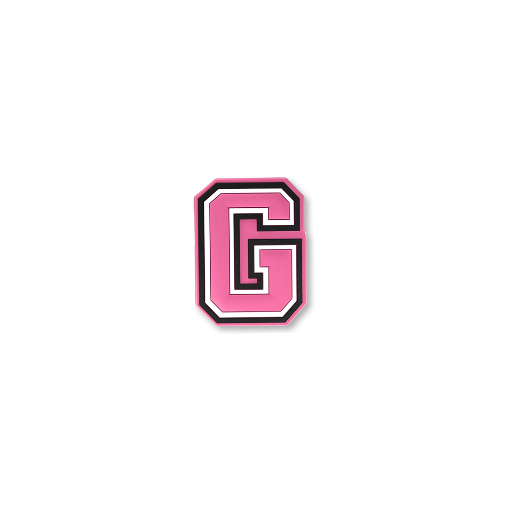 pink and white letter g crate charm front