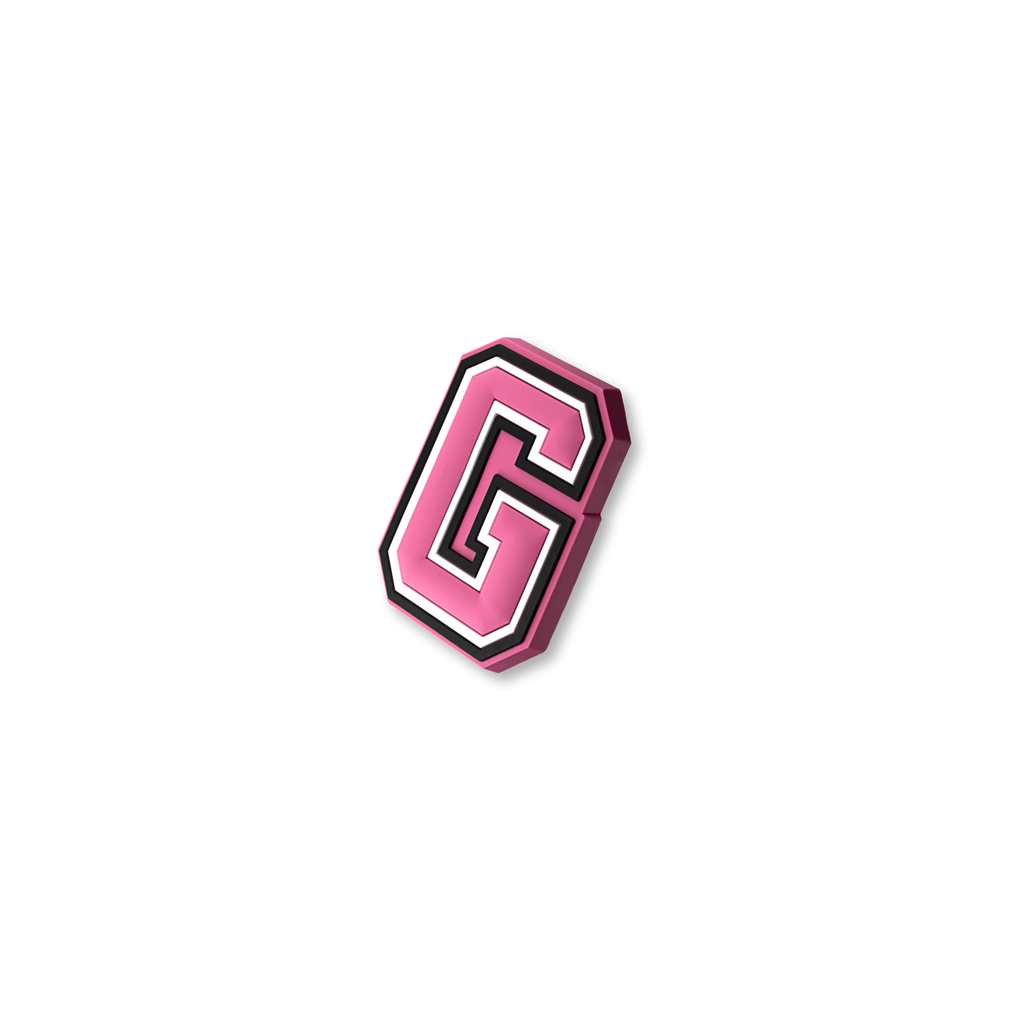 pink and white letter g crate charm shown at angle