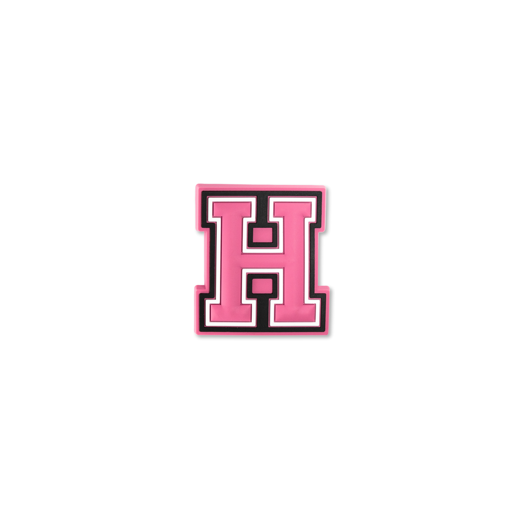 pink and white letter h crate charm shown at angle