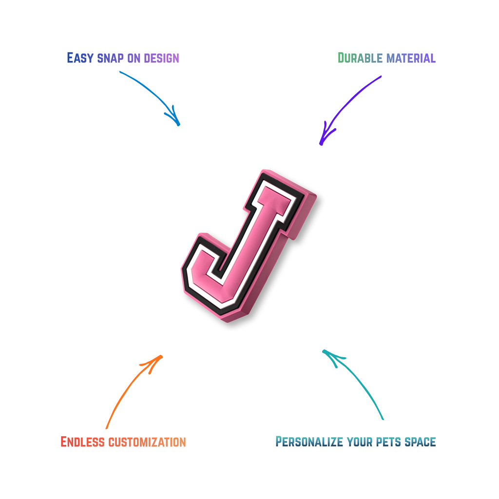 pink and white letter j snap-on charm features: easy attachment and durable construction