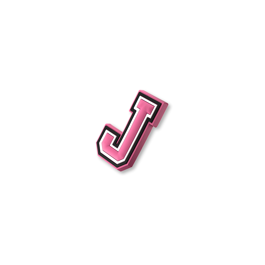 pink and white letter j crate charm shown at angle
