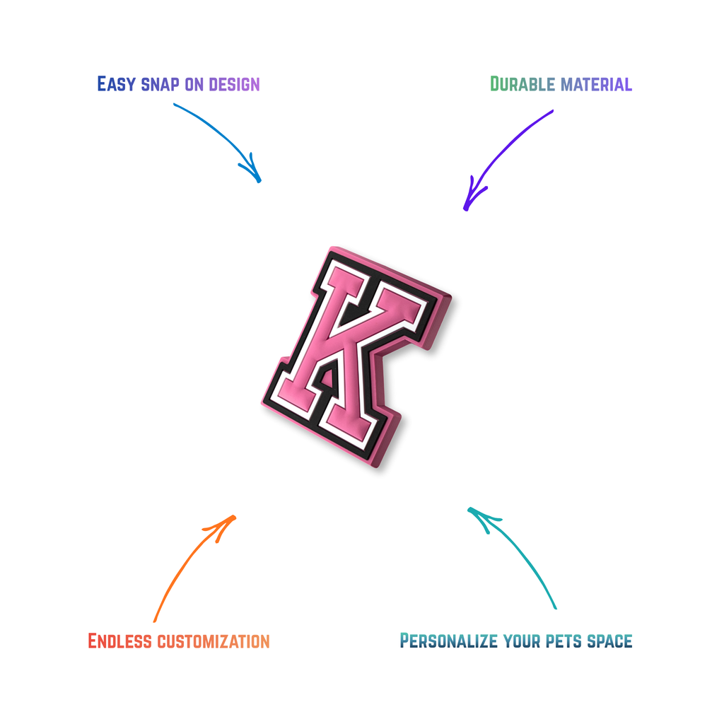 pink and white letter k snap-on charm features: easy attachment and durable construction