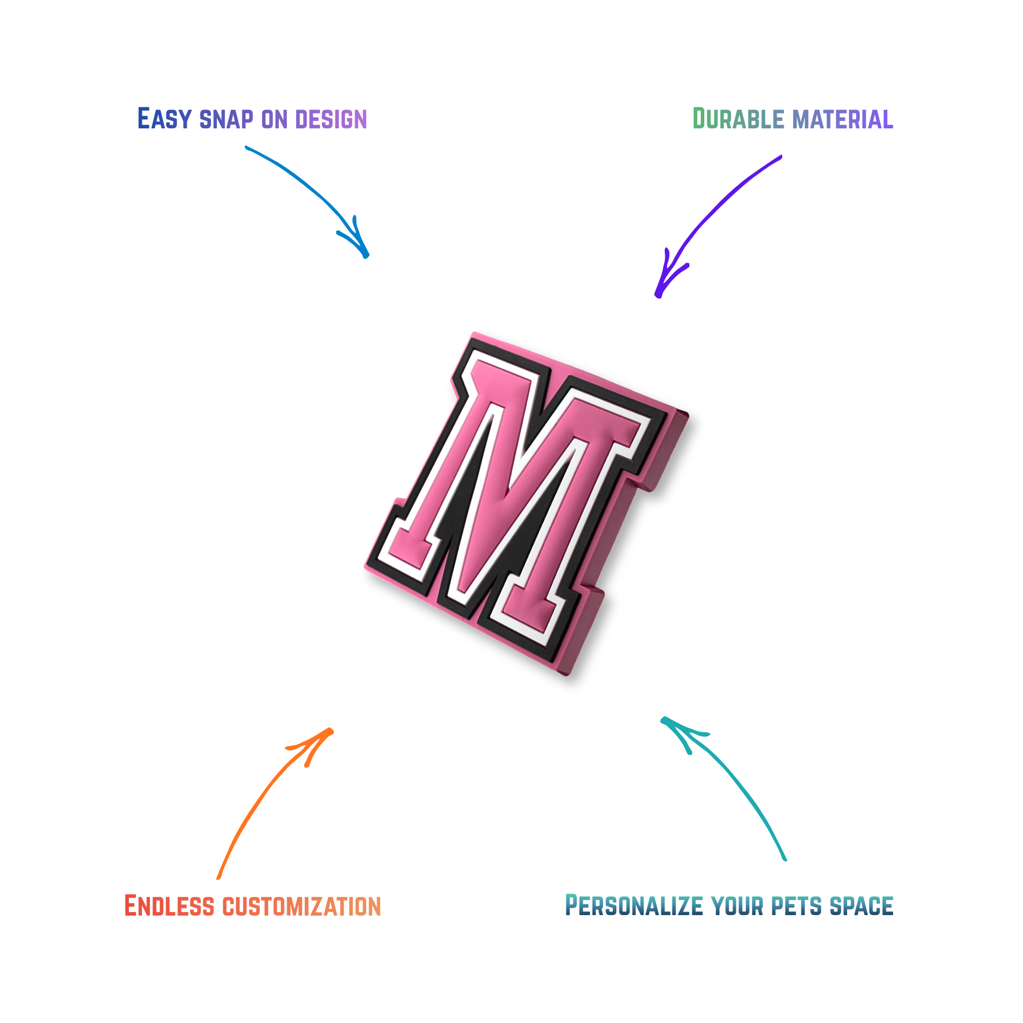 pink and white letter m snap-on charm features: easy attachment and durable construction