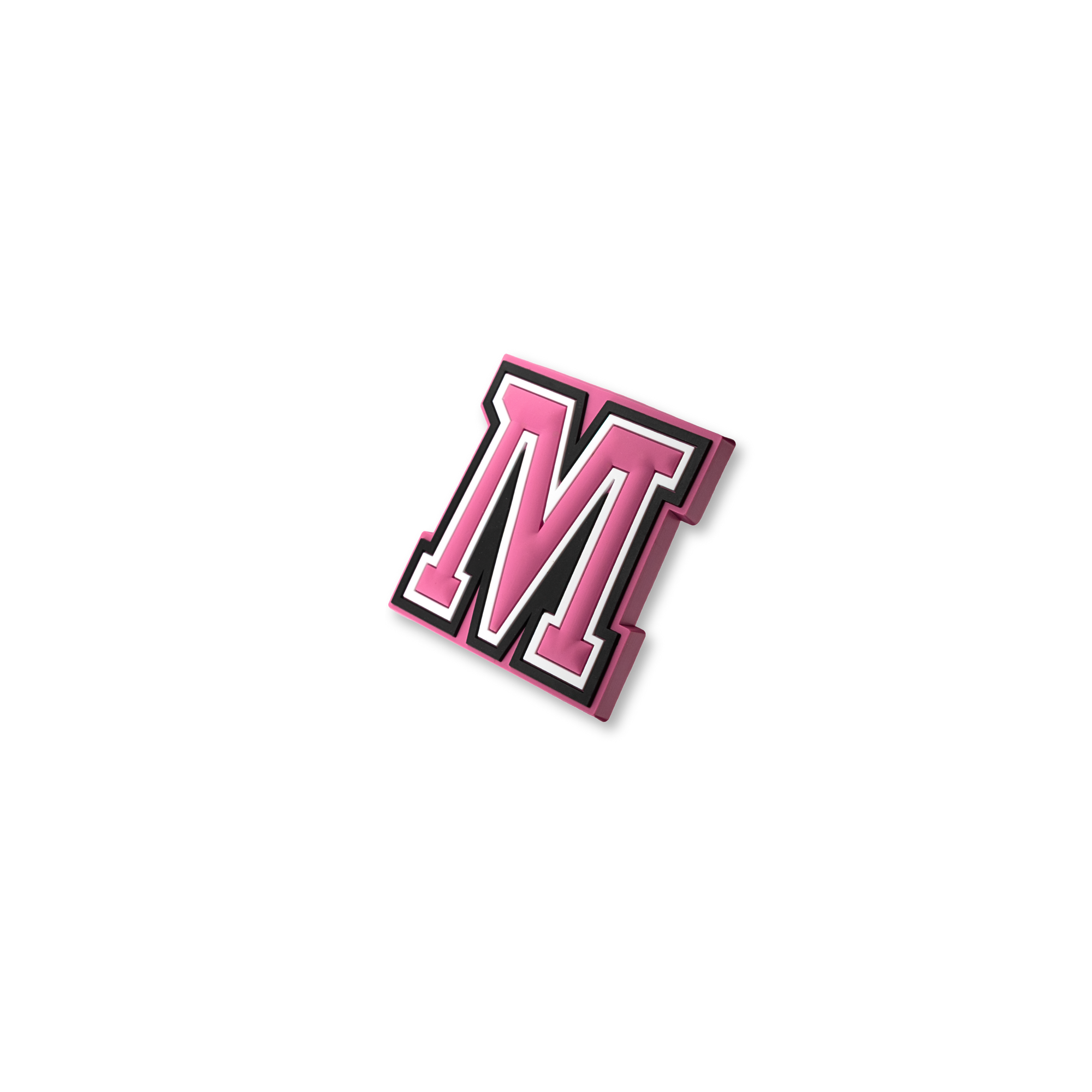 pink and white letter m crate charm shown at angle