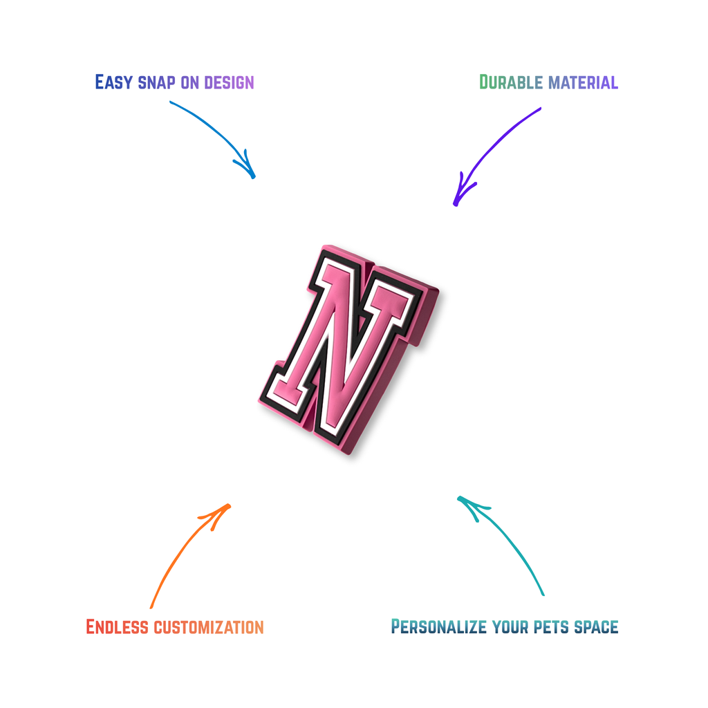 pink and white letter n snap-on charm features: easy attachment and durable construction