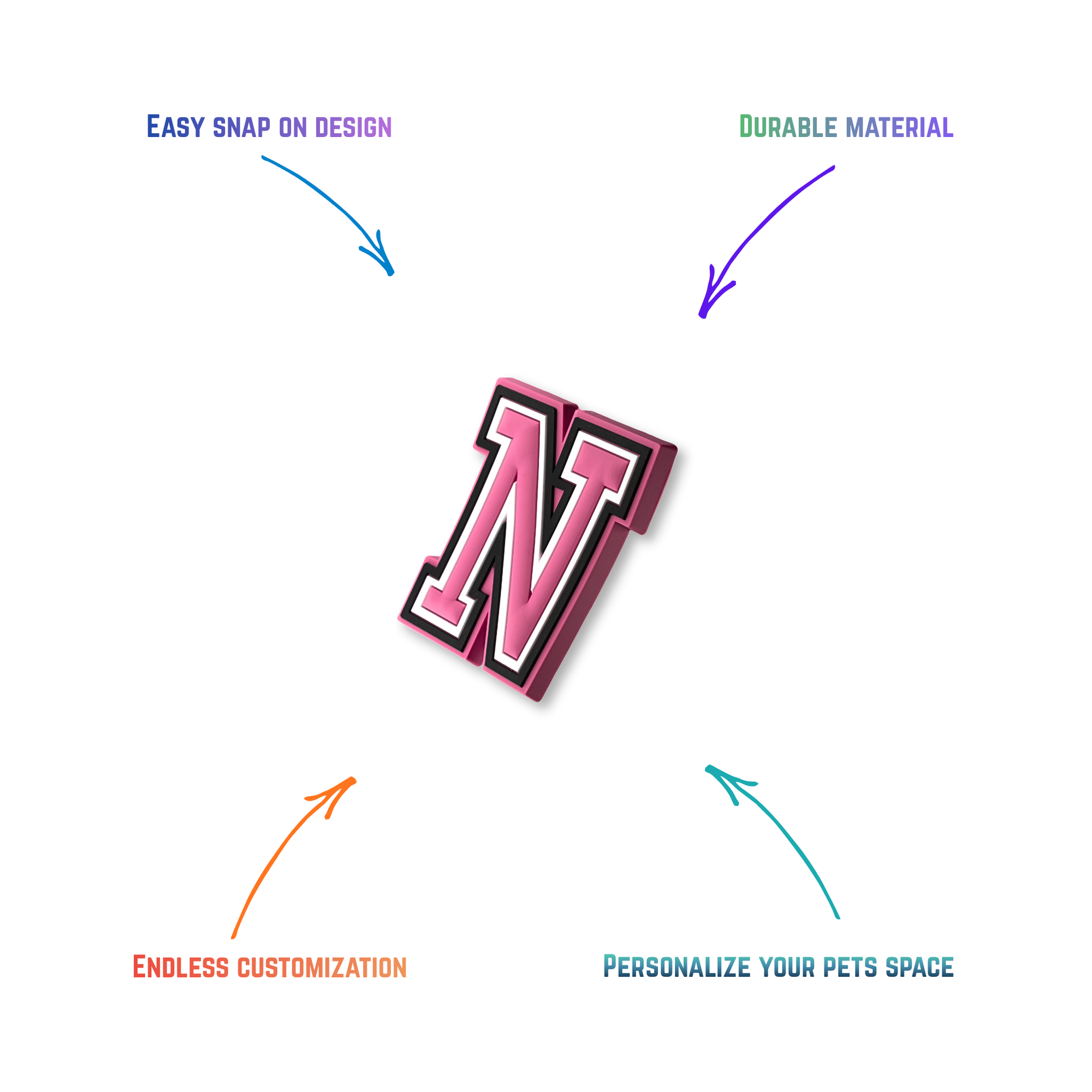 pink and white letter n snap-on charm features: easy attachment and durable construction