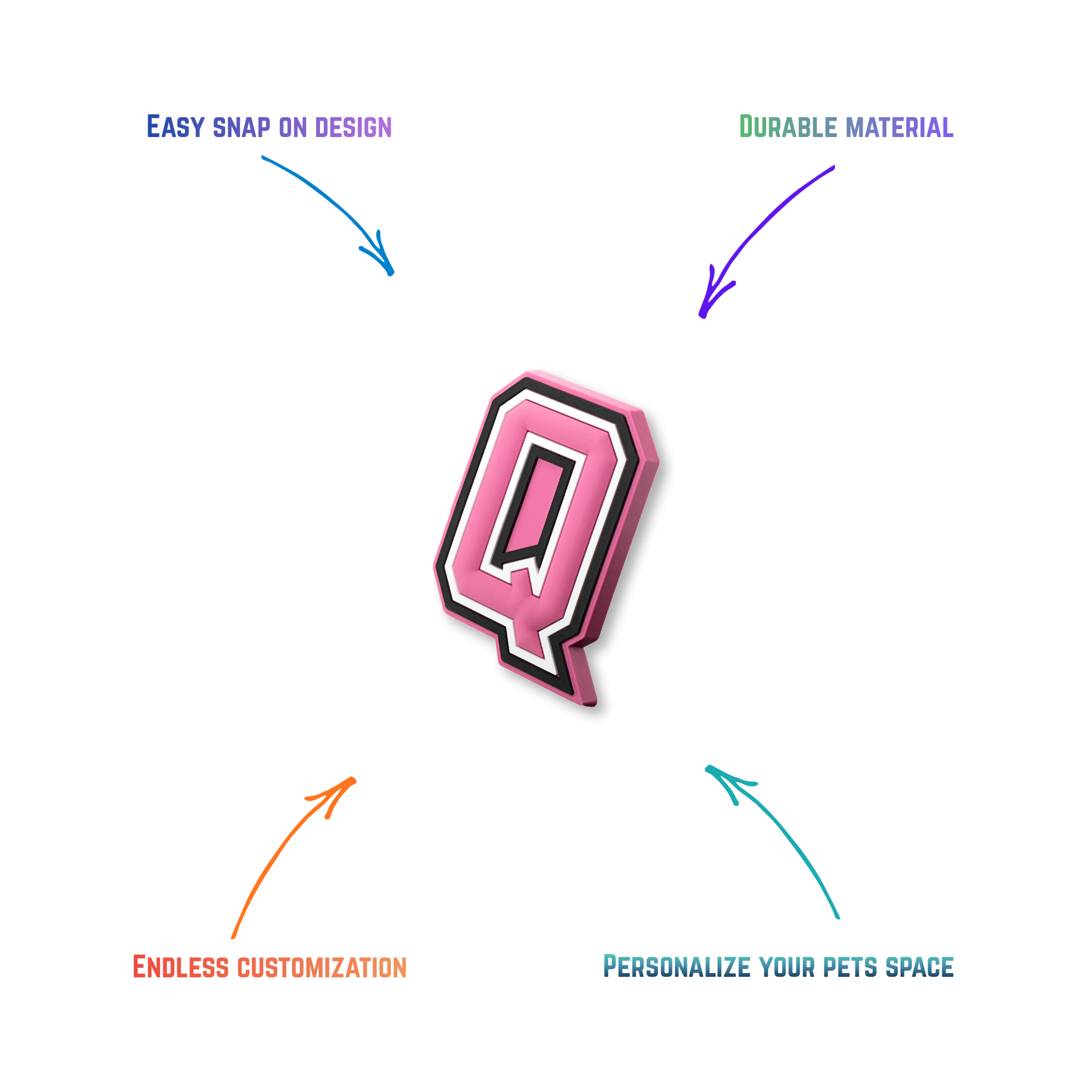 pink and white letter q snap-on charm features: easy attachment and durable construction