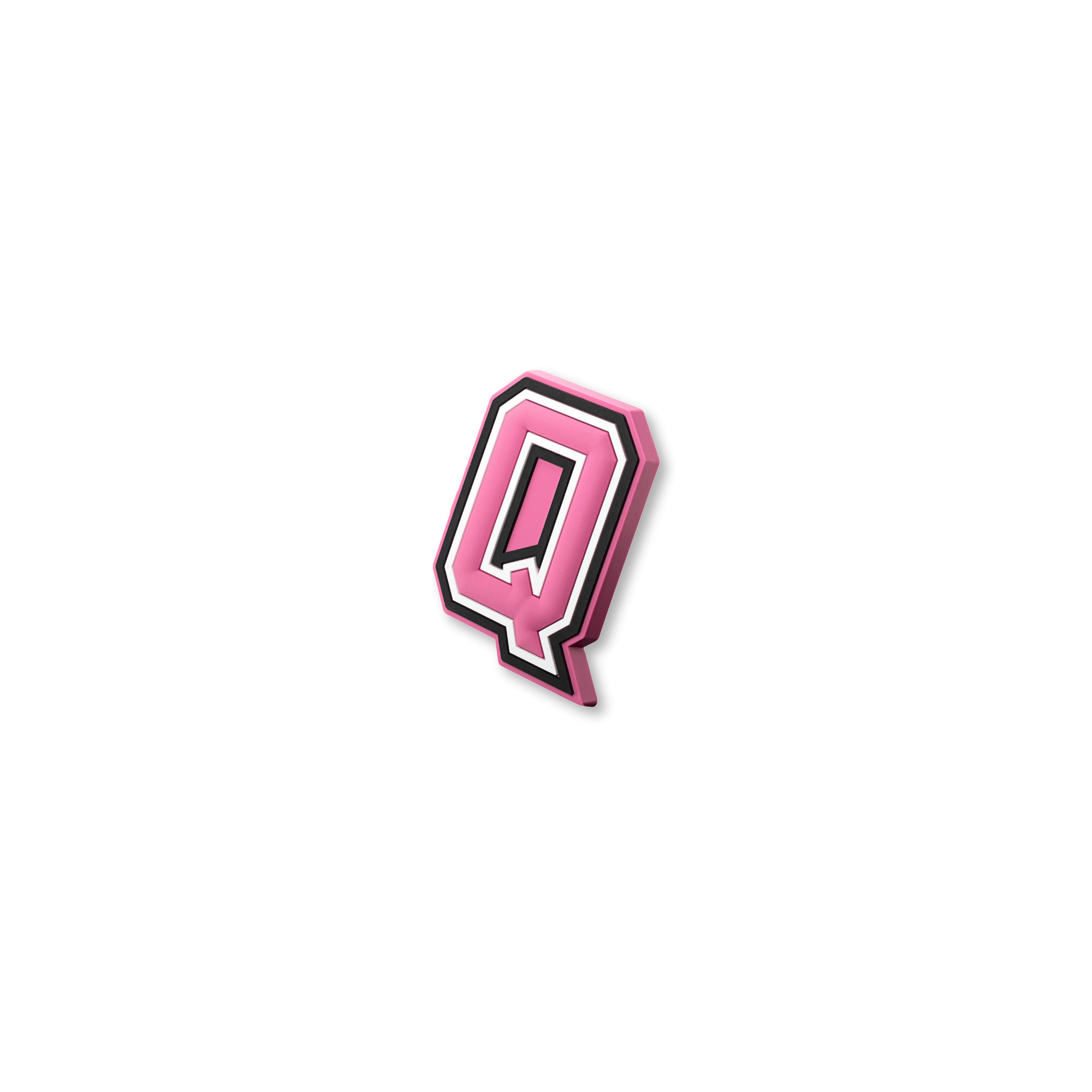 pink and white letter q crate charm shown at angle