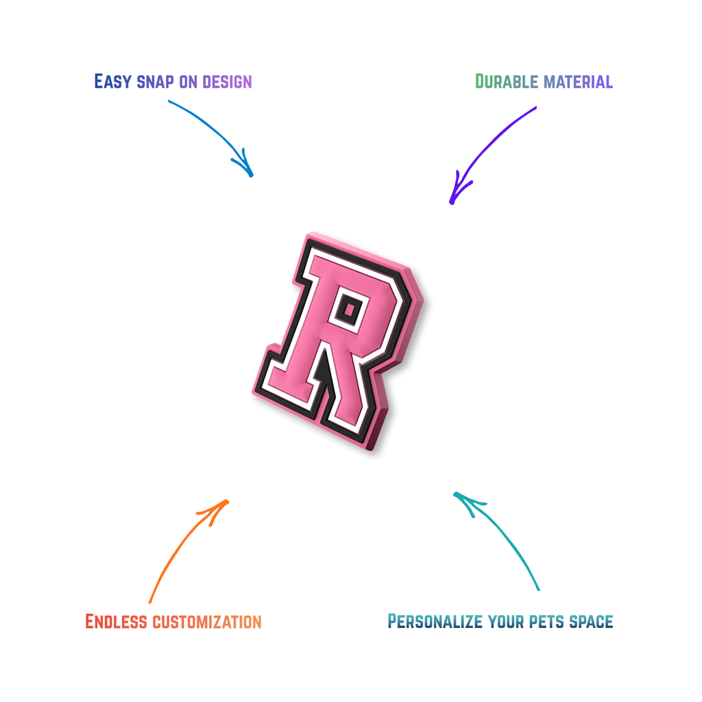 pink and white letter r snap-on charm features: easy attachment and durable construction