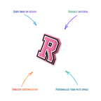 pink and white letter r snap-on charm features: easy attachment and durable construction