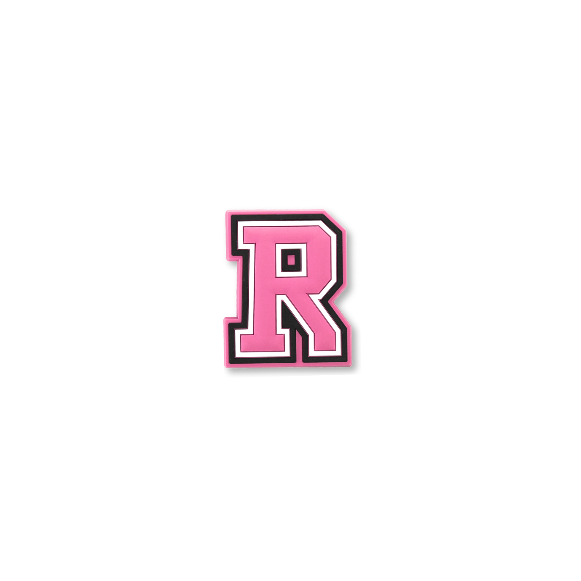 pink and white letter r crate charm front