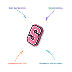pink and white letter s snap-on charm features: easy attachment and durable construction