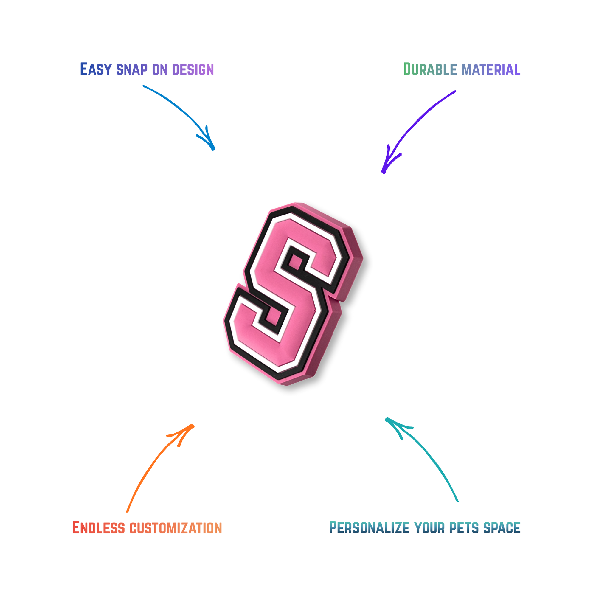 pink and white letter s snap-on charm features: easy attachment and durable construction