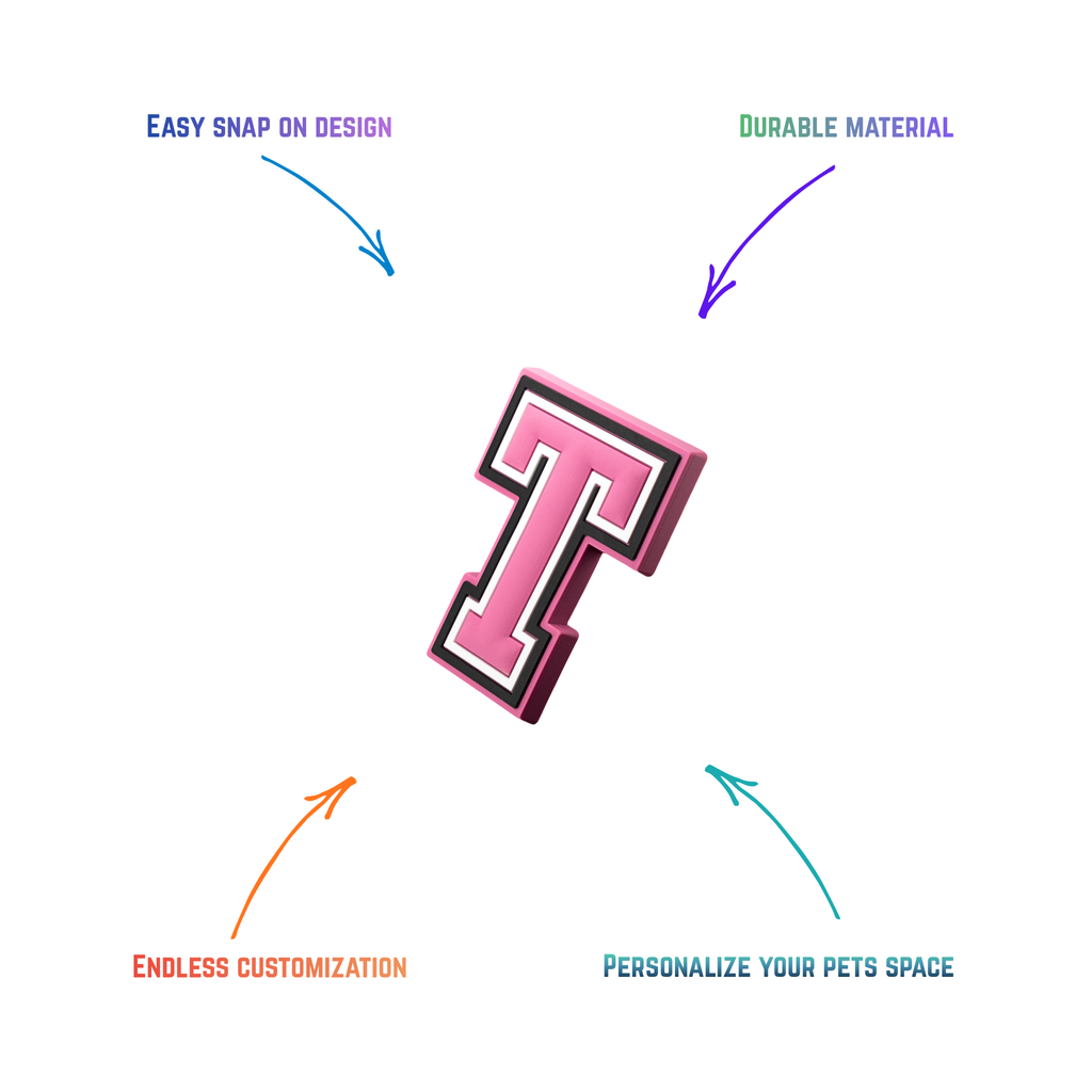pink and white letter t snap-on charm features: easy attachment and durable construction