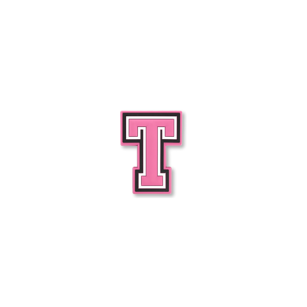 pink and white letter t crate charm front