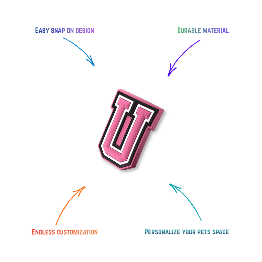 pink and white letter u snap-on charm features: easy attachment and durable construction