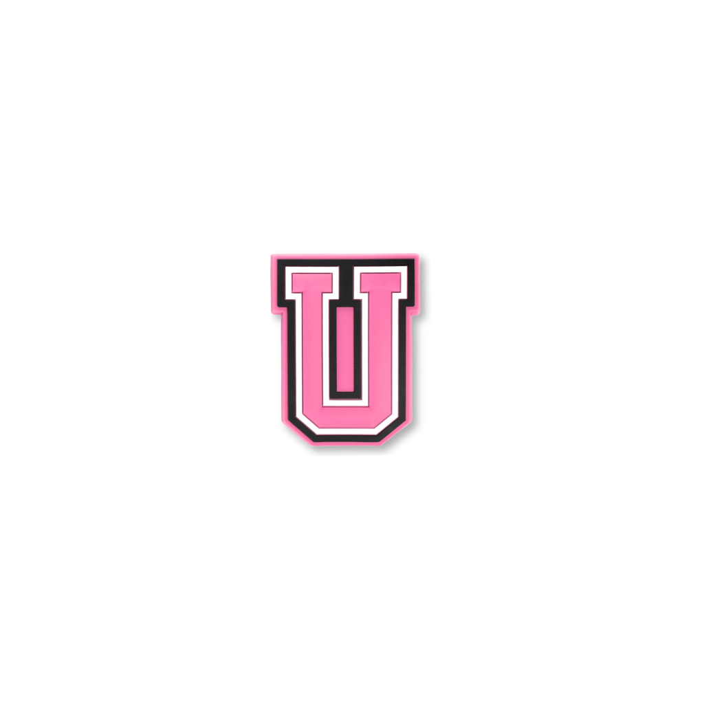 pink and white letter u crate charm front