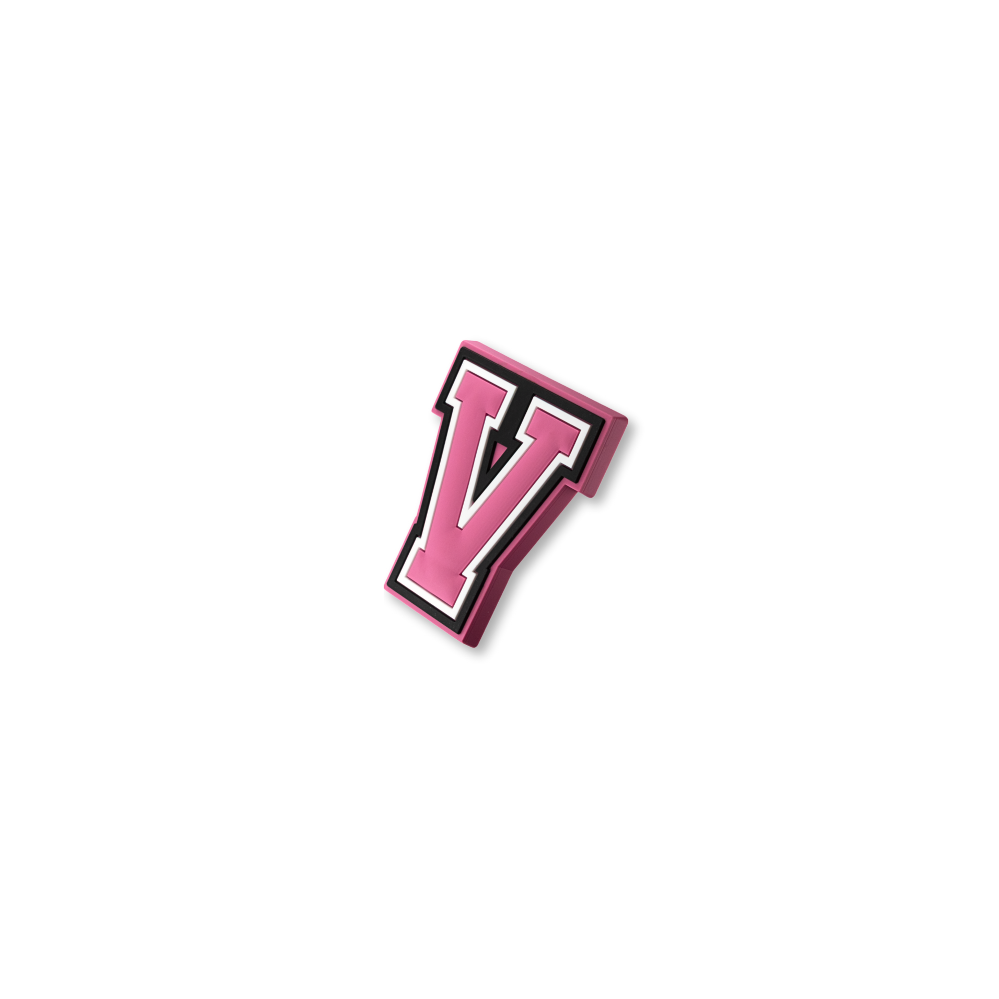 pink and white letter v crate charm shown at angle