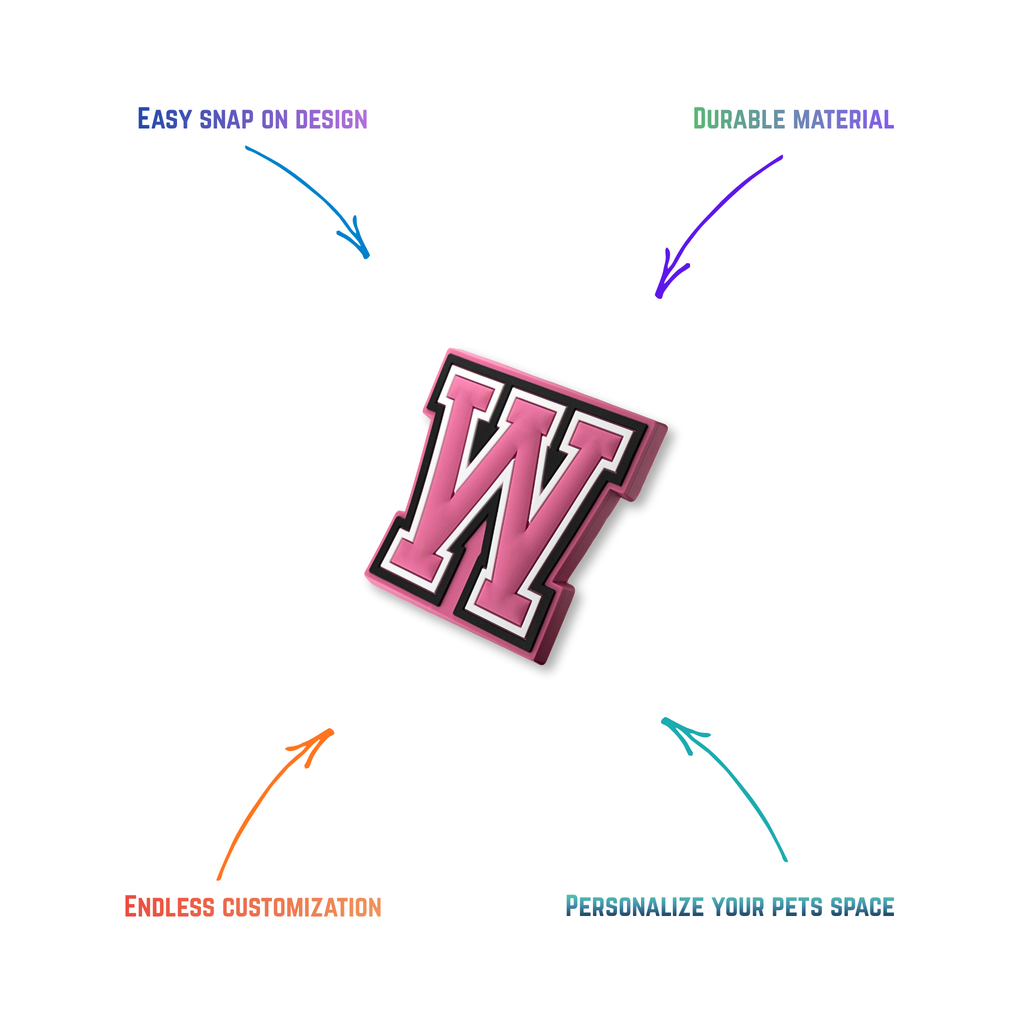 pink and white letter w snap-on charm features: easy attachment and durable construction