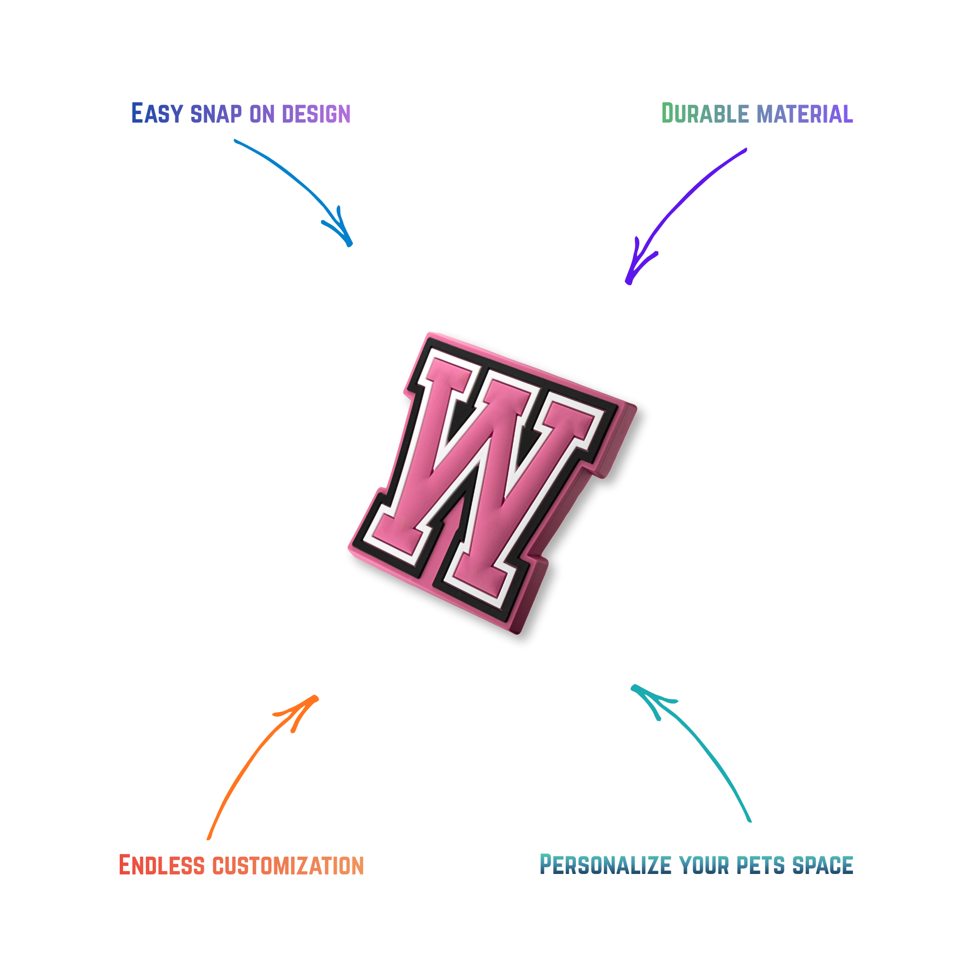 pink and white letter w snap-on charm features: easy attachment and durable construction