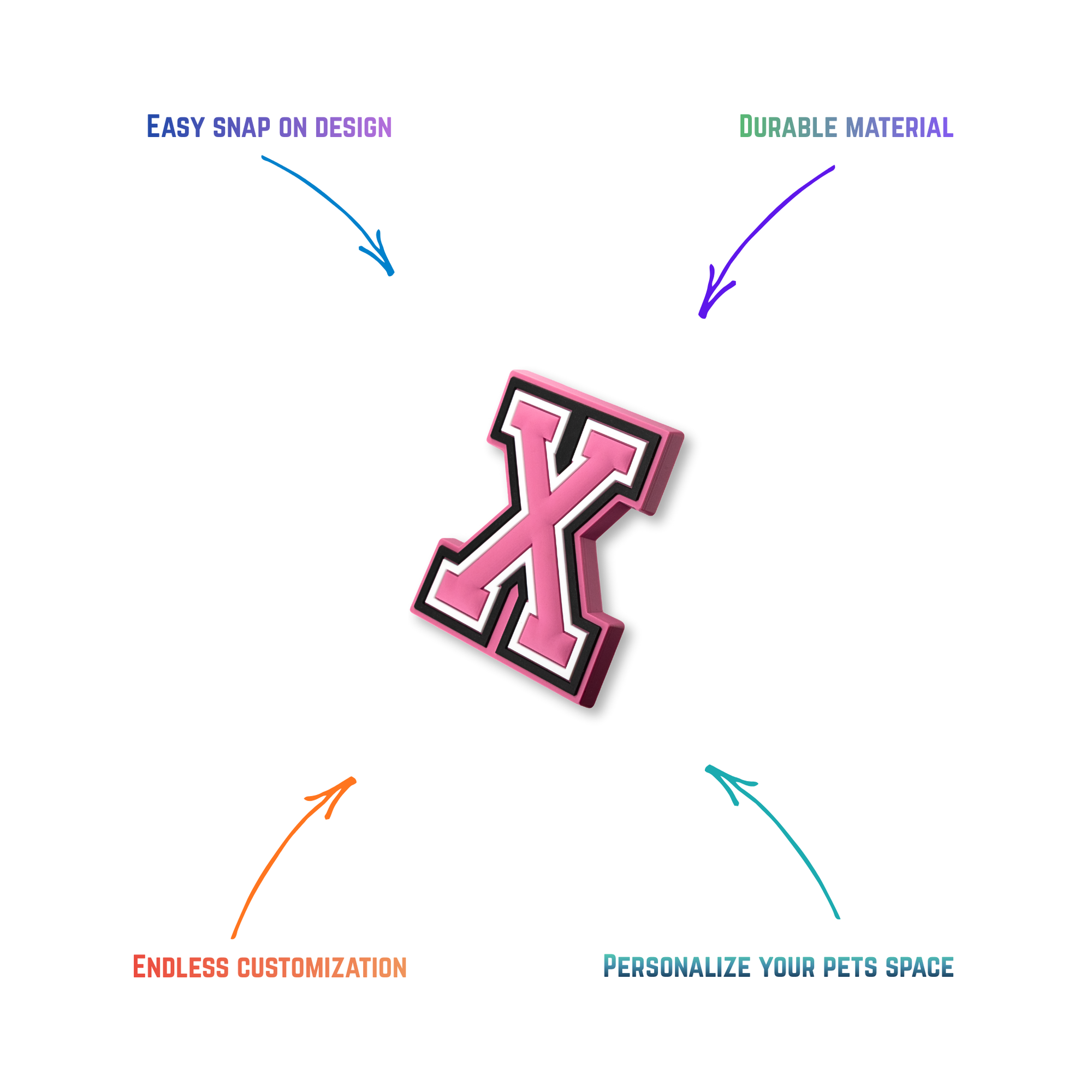 pink and white letter x snap-on charm features: easy attachment and durable construction