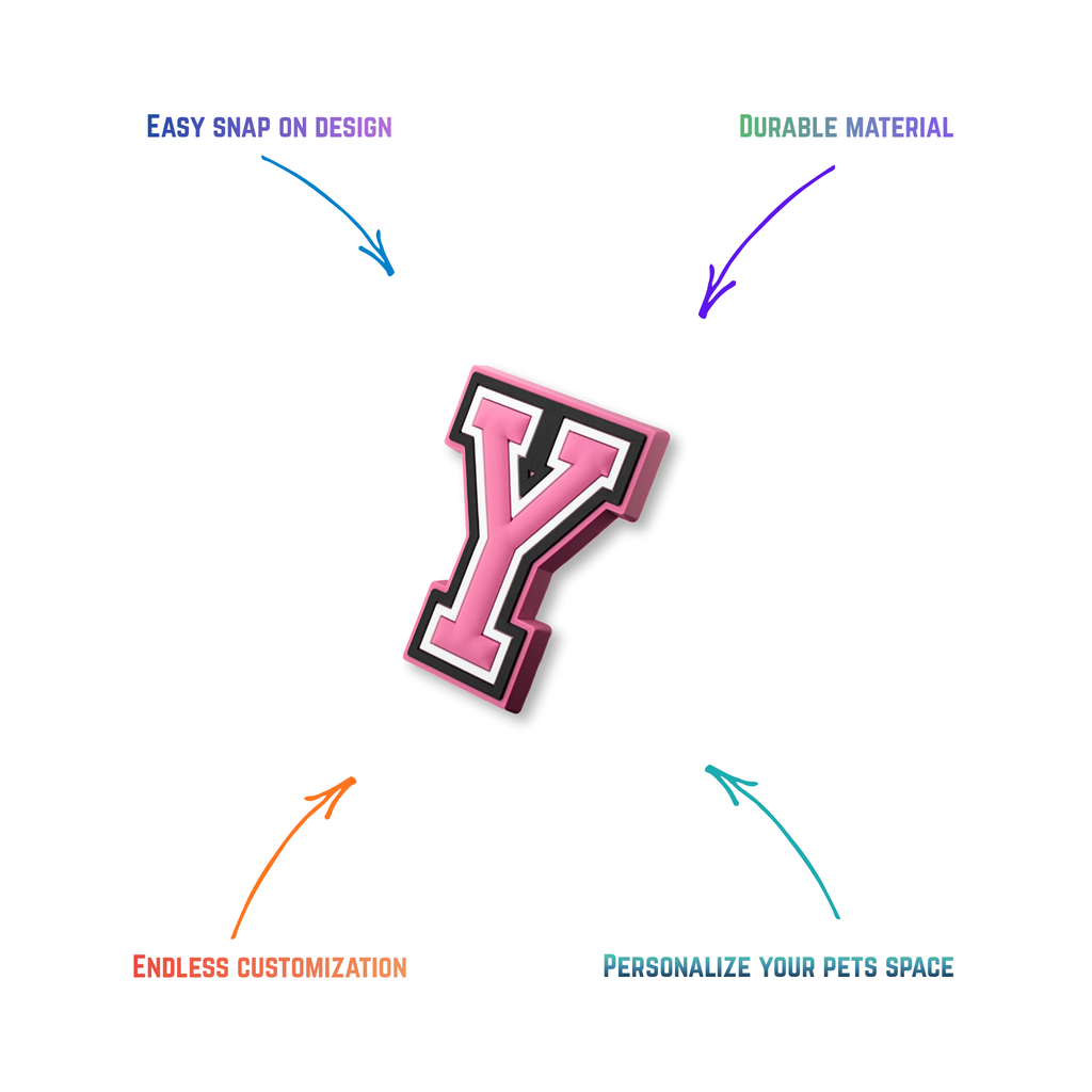 pink and white letter y snap-on charm features: easy attachment and durable construction