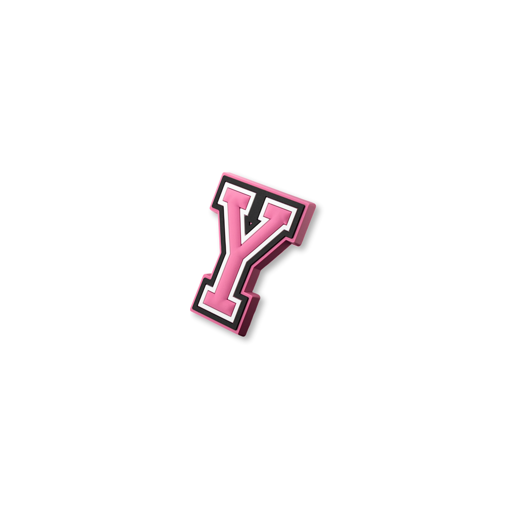 pink and white letter y crate charm shown at angle