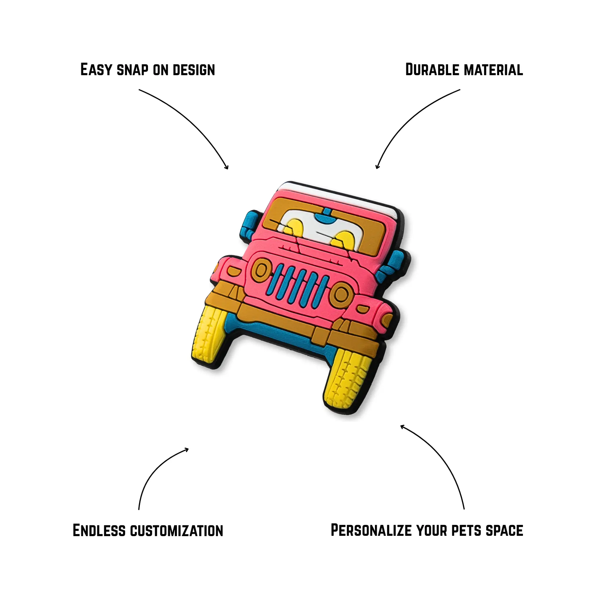 Pet crate accessories pink orange jeep crate charm features benefits callout Crate Charms snap-on decoration