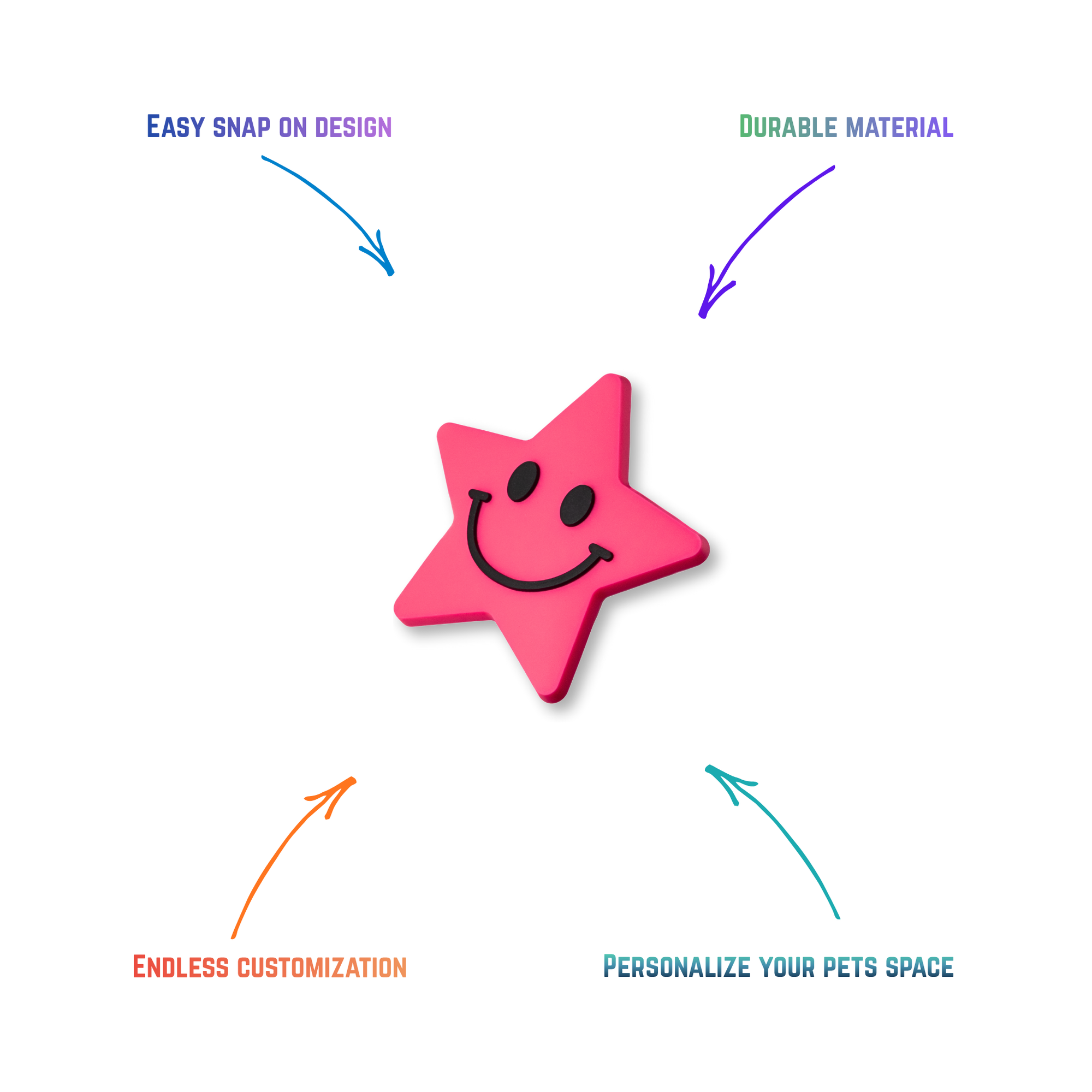 pink smiling star snap-on charm features: easy attachment and durable construction