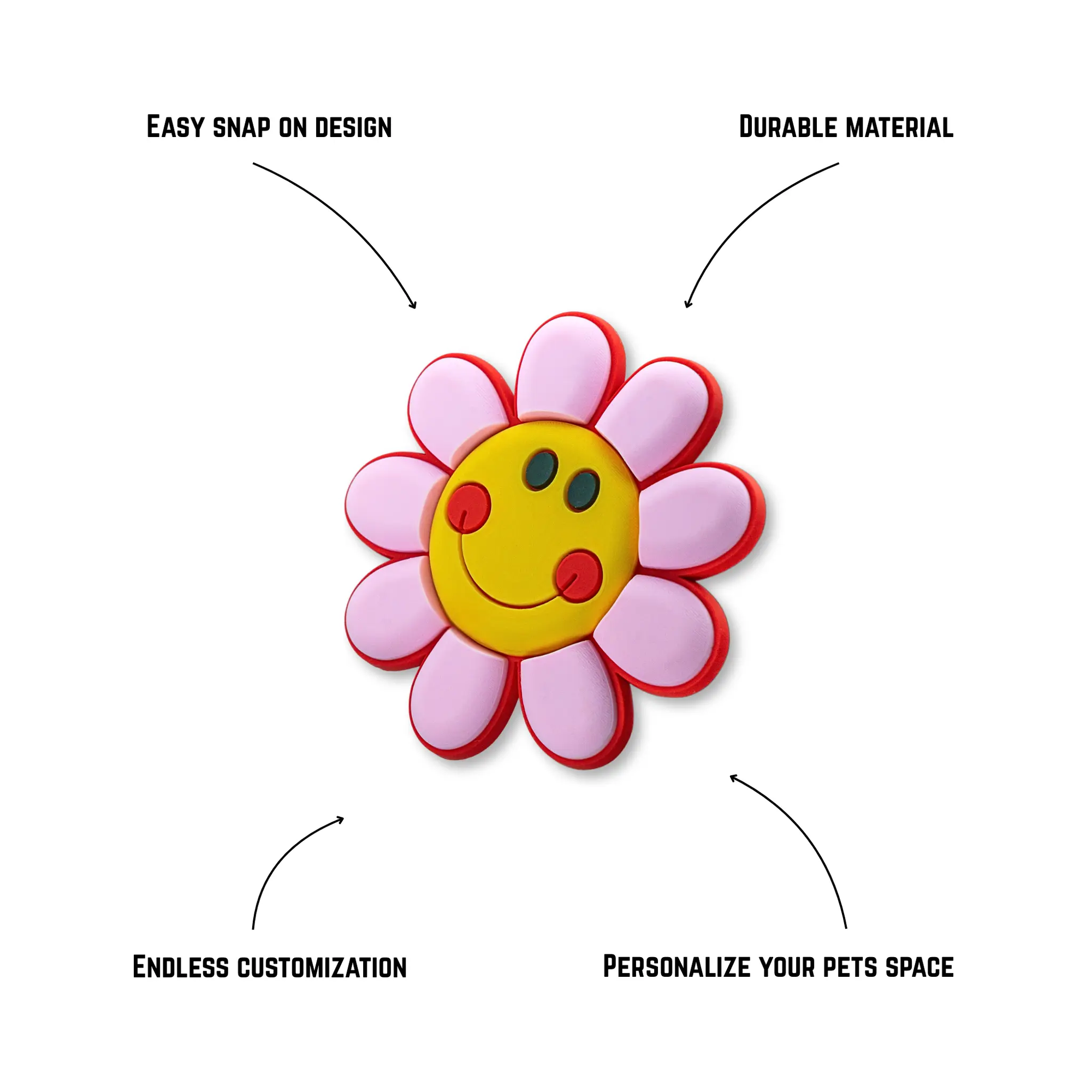 Pet crate accessories pink yellow flower crate charm features benefits callout Crate Charms snap-on decoration