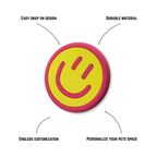 Pet crate accessories yellow pink smiley face crate charm features benefits callout Crate Charms snap-on decoration