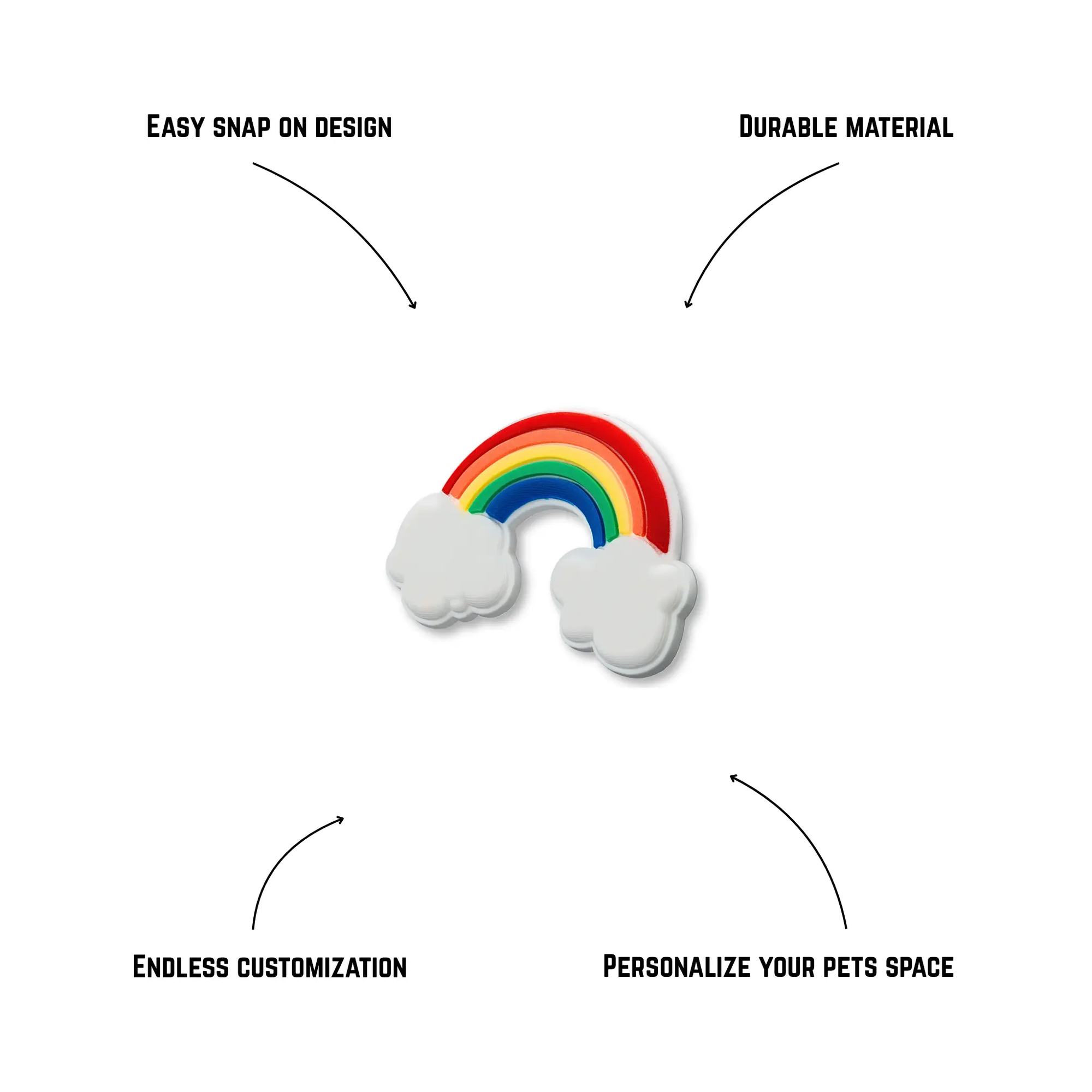 Pet crate accessories rainbow crate charm features benefits callout Crate Charms snap-on decoration