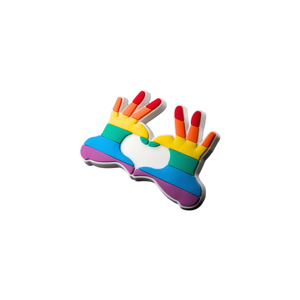 Rainbow finger heart crate charm shown at angle with dimensional design