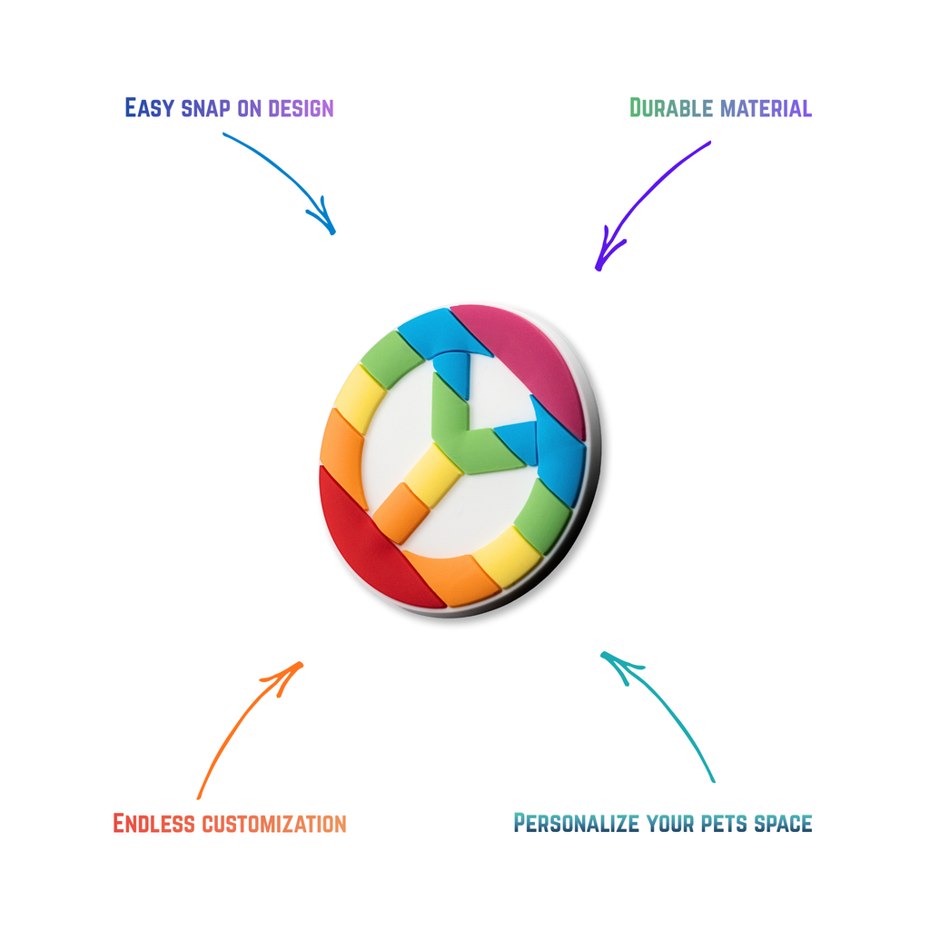 Rainbow peace snap-on crate charm with easy attachment and durable construction