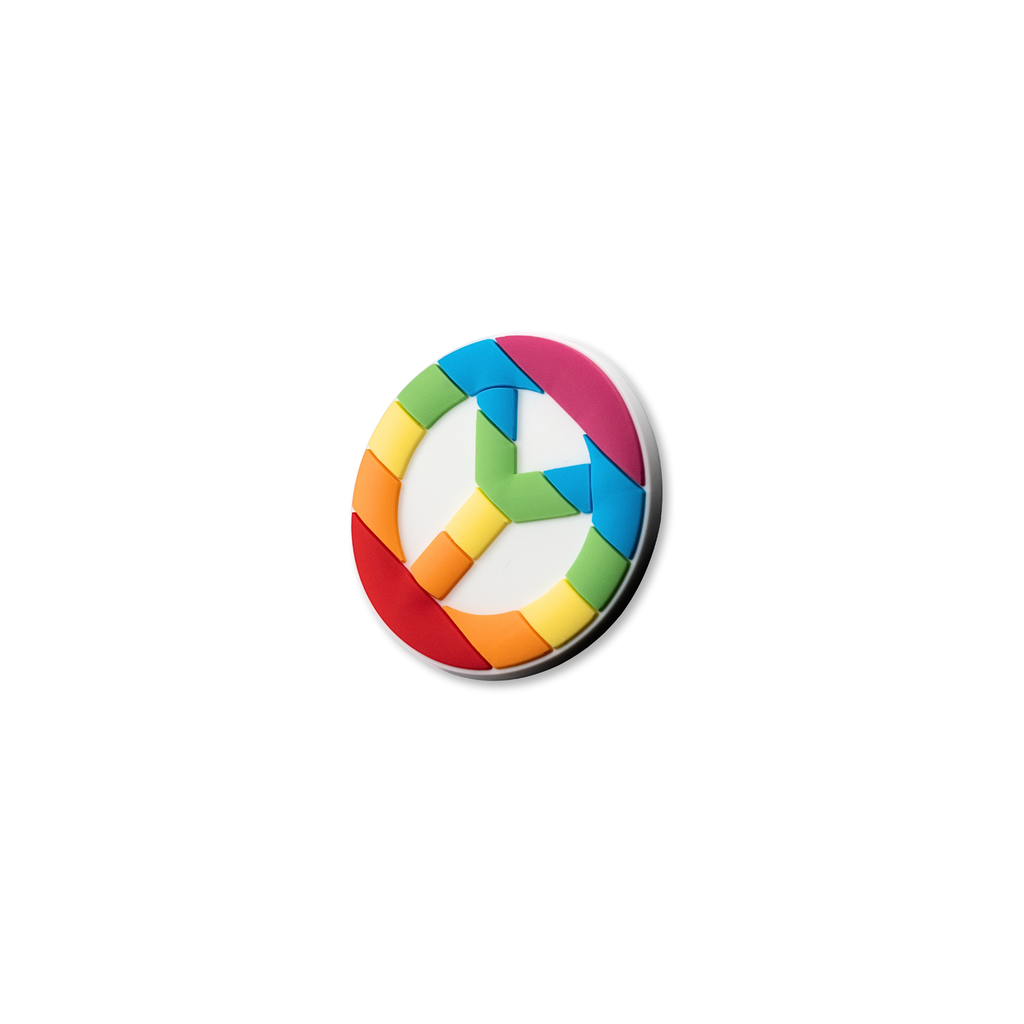 Rainbow peace crate charm shown at angle with dimensional design