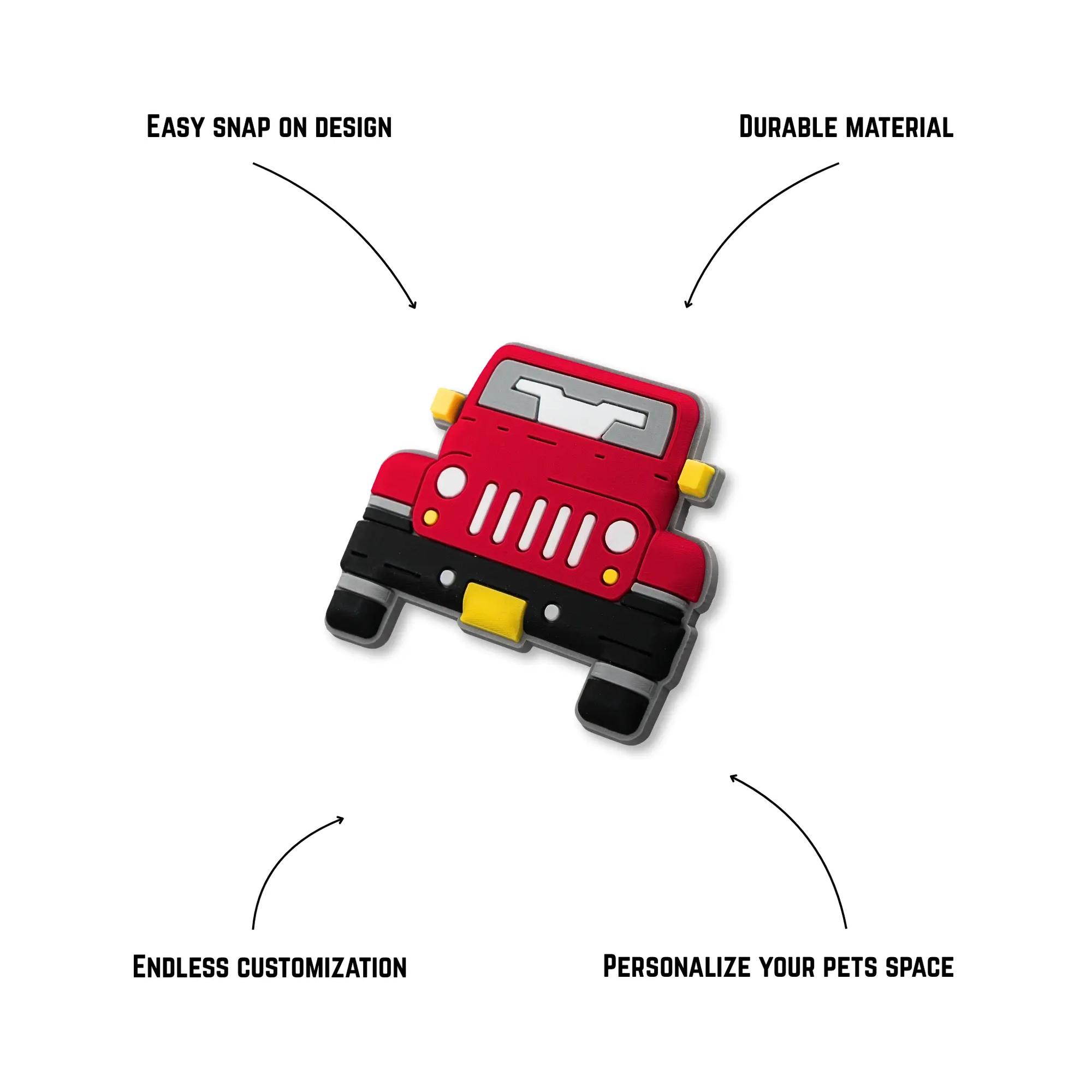 Pet crate accessories red jeep car crate charm features benefits callout Crate Charms snap-on decoration