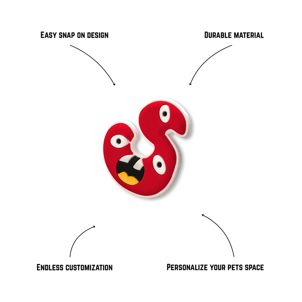 Pet crate accessories red letter S crate charm features benefits callout Crate Charms alphabet snap-on decoration