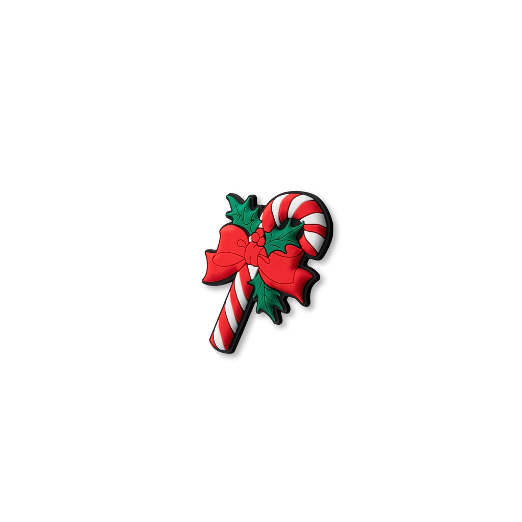 Side view of candy cane pet crate charm with mistletoe bow, festive Christmas decor