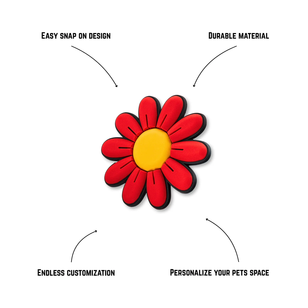 Pet crate accessories red yellow flower crate charm features benefits callout Crate Charms snap-on decoration
