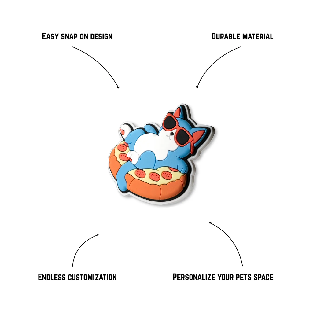 Pet crate accessories pizza kitty crate charm features benefits callout Crate Charms snap-on decoration