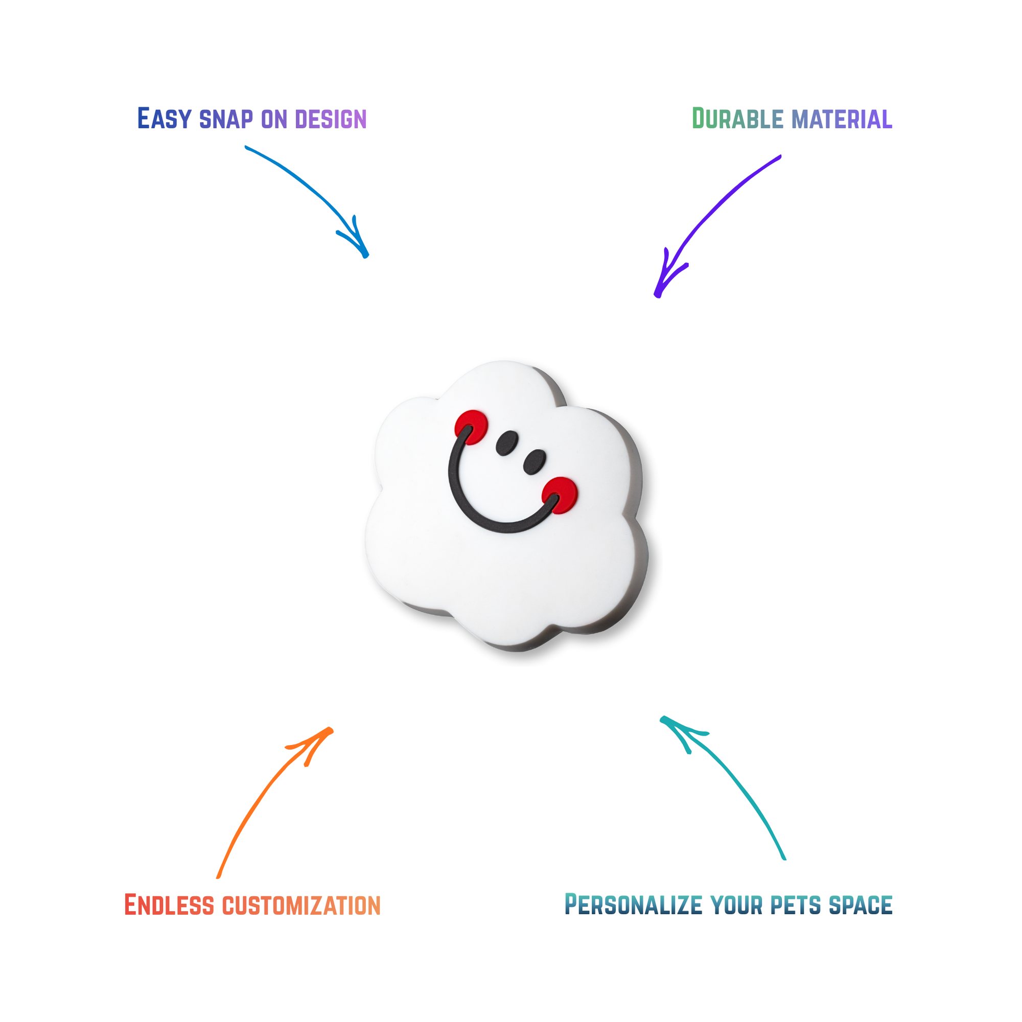 white smiley cloud snap-on charm features: easy attachment and durable construction