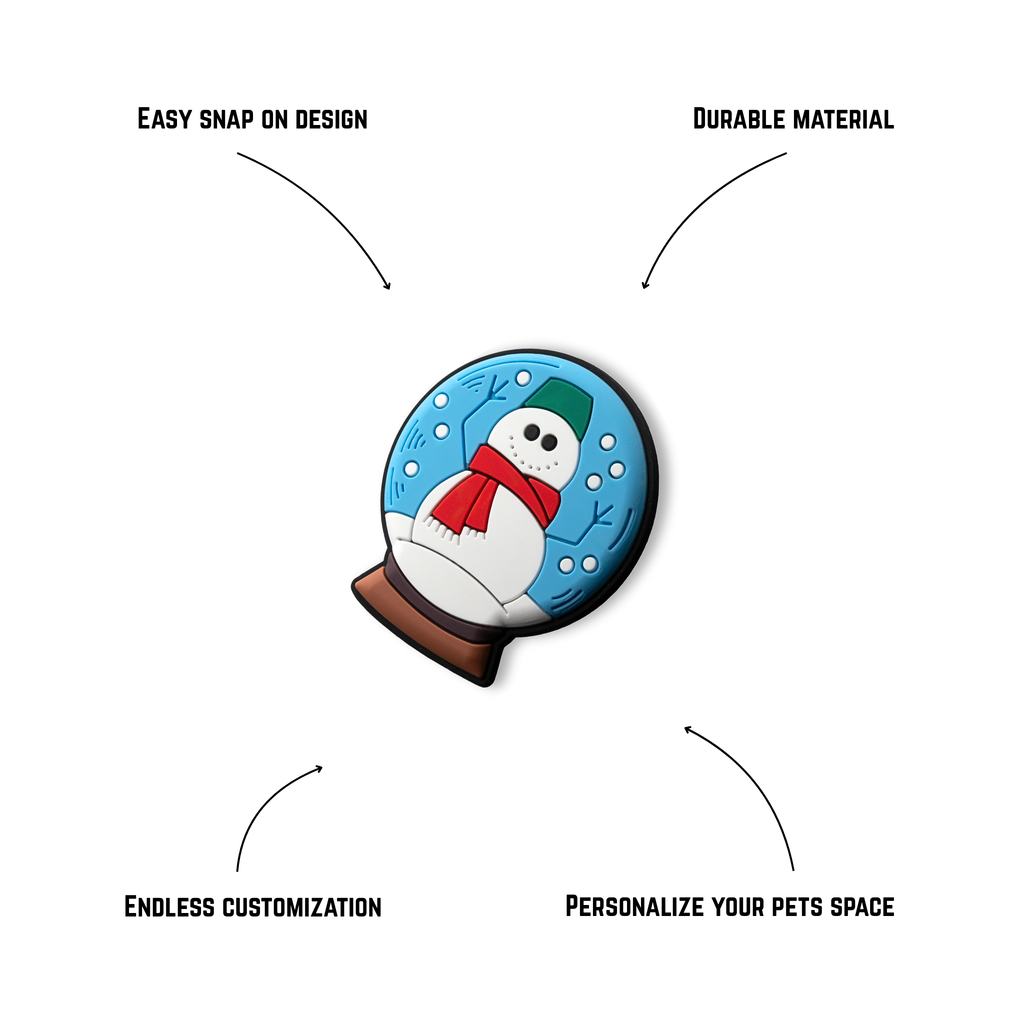 Snow globe snowman charm side angle with labeled features durable Christmas crate charm