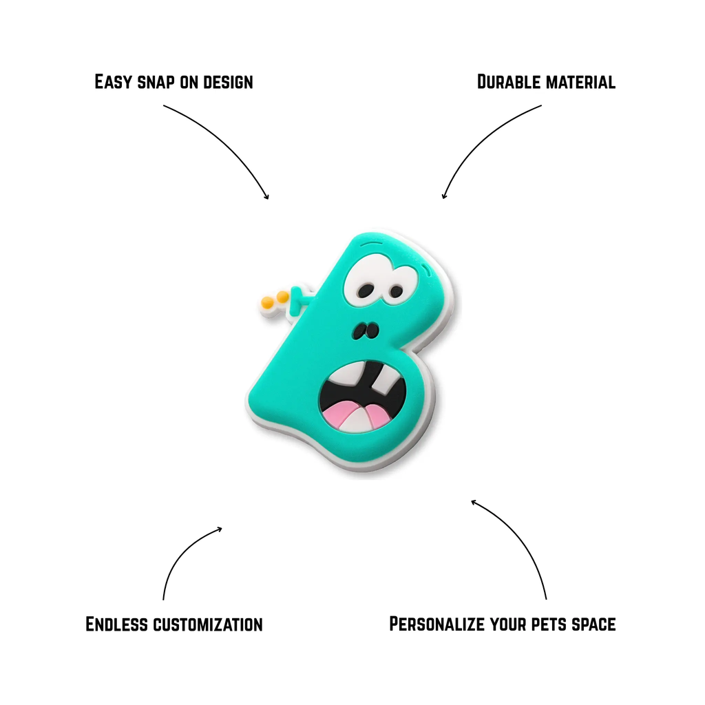 Pet crate accessories teal letter B crate charm features benefits callout Crate Charms alphabet snap-on decoration