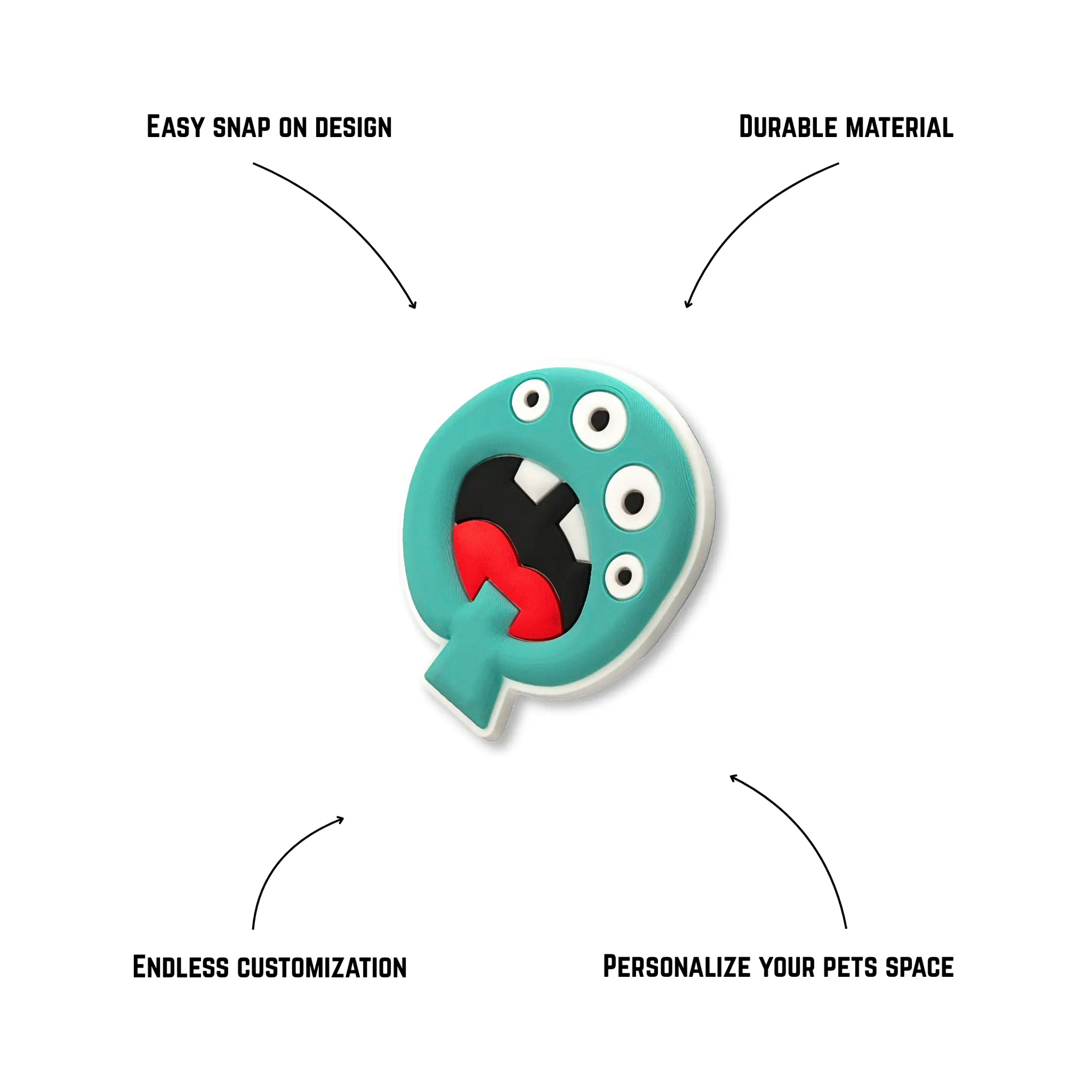 Pet crate accessories teal letter Q crate charm features benefits callout Crate Charms alphabet snap-on decoration