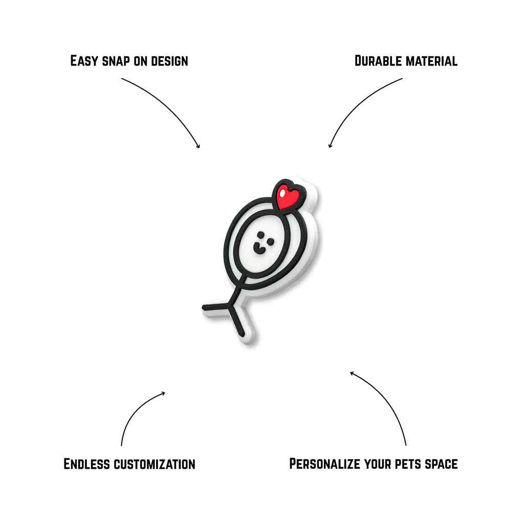 Pet crate accessories white black stick man crate charm features benefits callout Crate Charms snap-on decoration