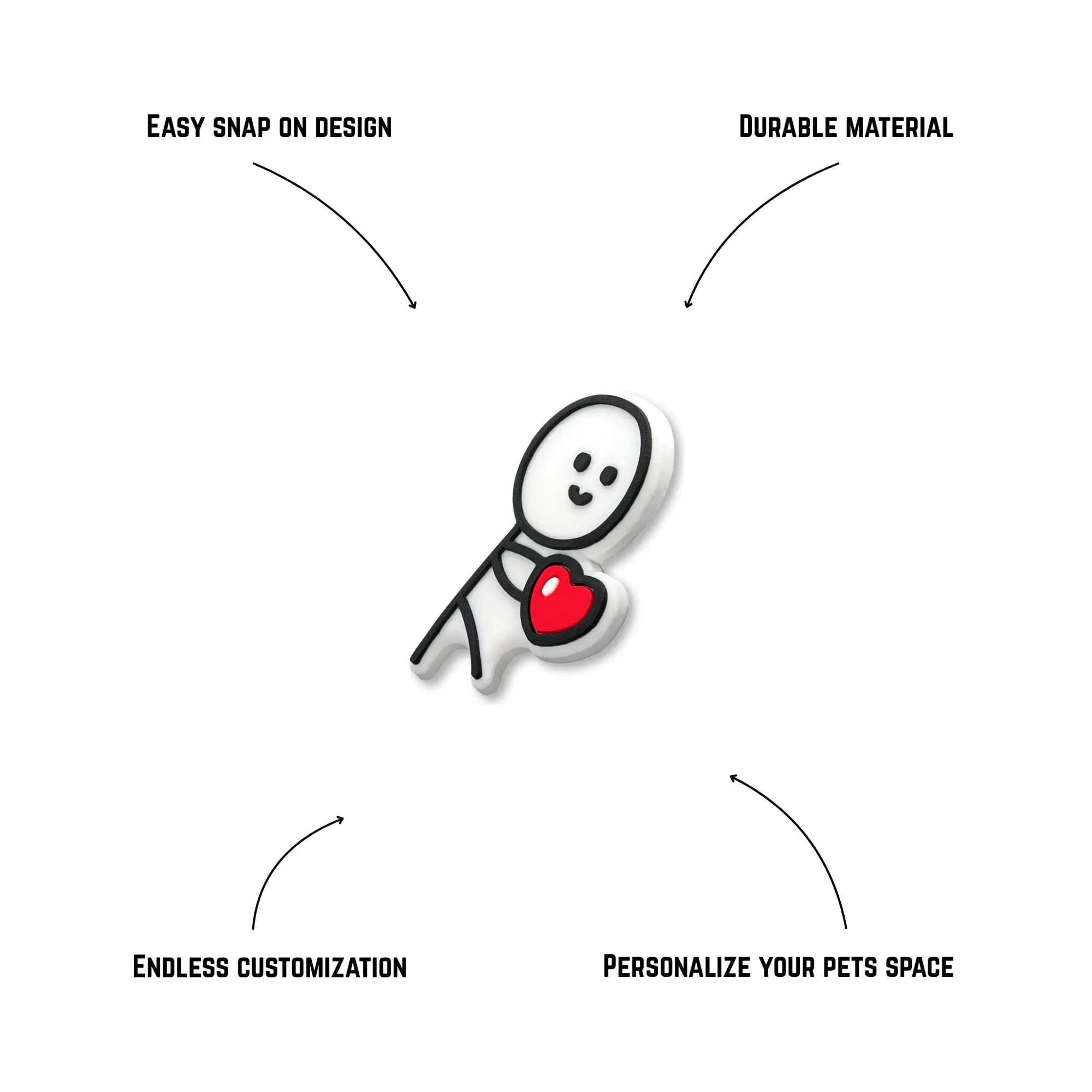 Pet crate accessories white black stick figure heart crate charm features benefits callout Crate Charms snap-on decoration