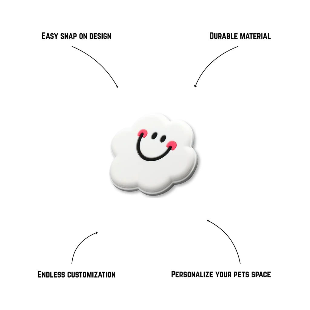 Pet crate accessories white smiley cloud crate charm features benefits callout Crate Charms snap-on decoration