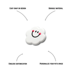 Pet crate accessories white smiley cloud crate charm features benefits callout Crate Charms snap-on decoration
